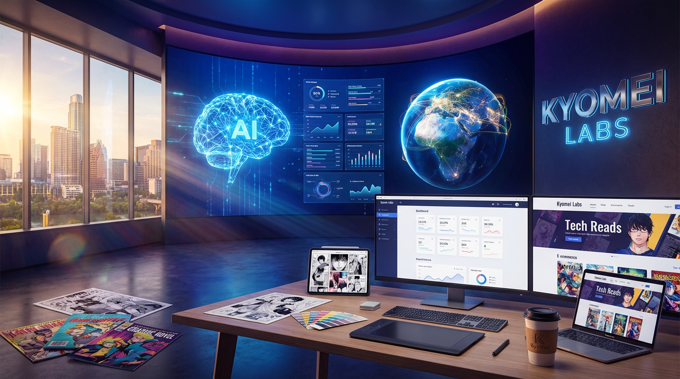 Qualitex Trading LLC corporate headquarters featuring AI-powered global commerce technology, Kyomei Labs holographic displays, Tech Reads manga production workspace, and executive office with multiple monitors showing business dashboards in cinematic 4K quality